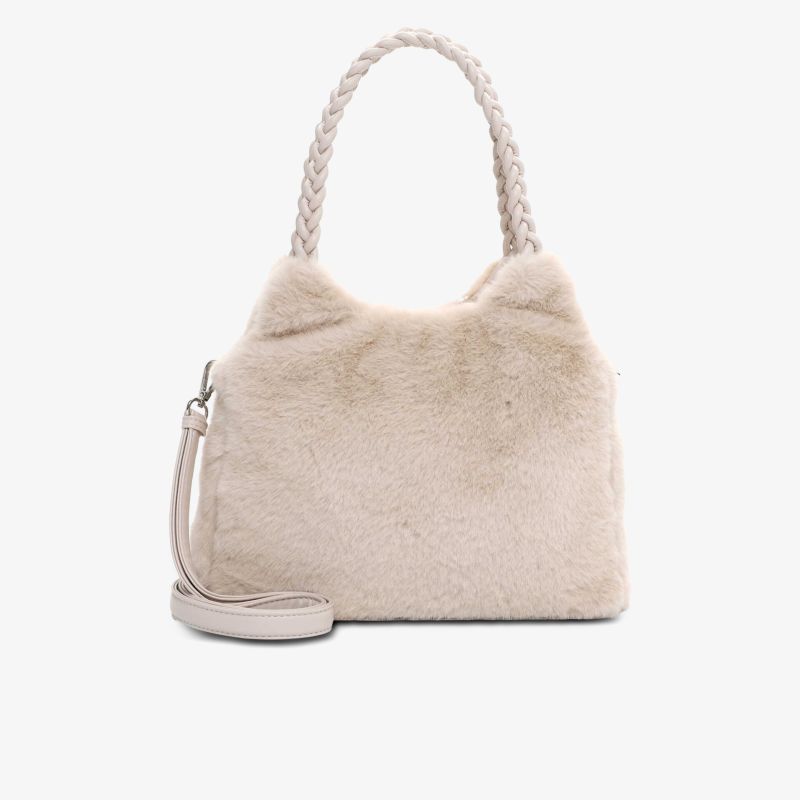 Flauschige cremefarbene Umhängetasche mit geflochtenem Griff und elegantem Design