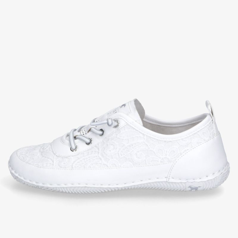 Seitliche Ansicht eines weißen leichten Schuhs mit Schnürsenkeln und flexibler Sohle für hohen Tragekomfort