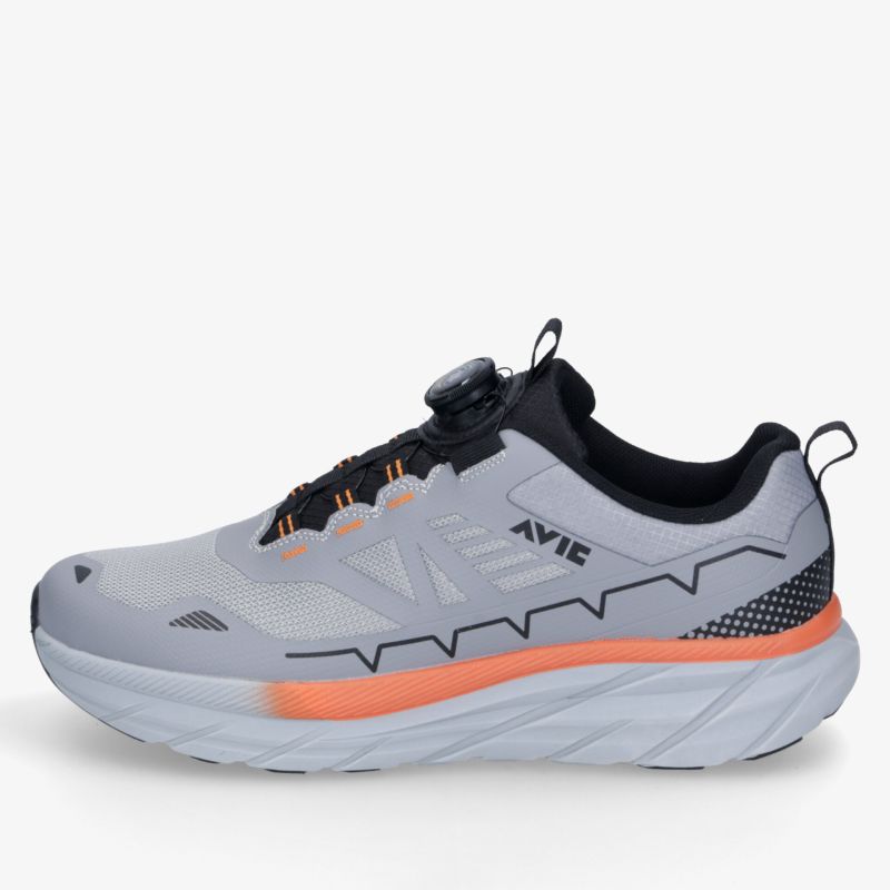 Moderner Sportschuh in Grau mit orangen Akzenten, leichter, komfortabler Schuh mit guter Dämpfung und rutschfester Sohle