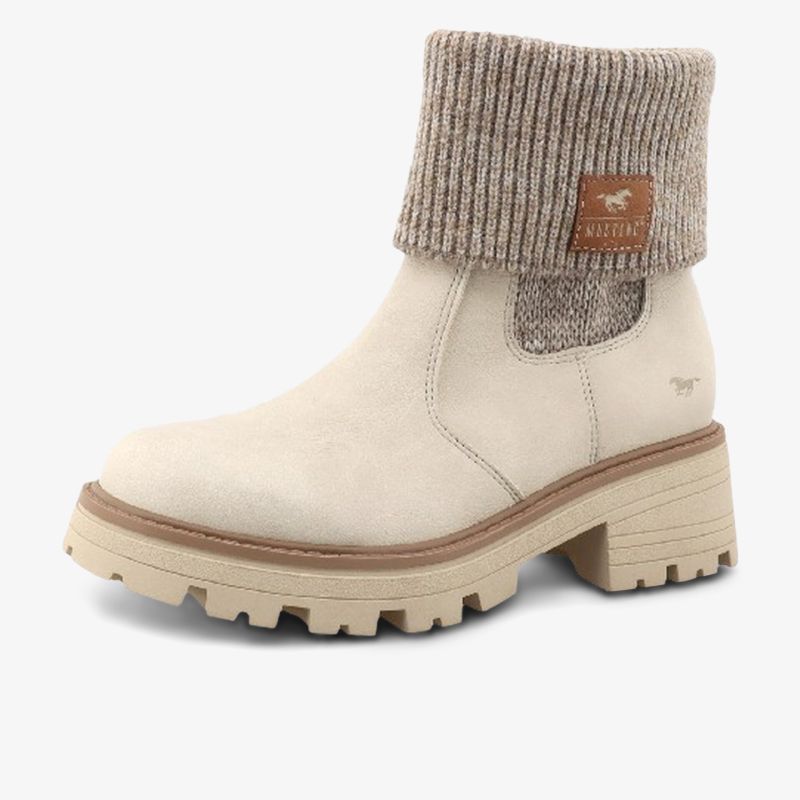 Modischer beige Stiefel mit warmem Strickkragen und robustem Blockabsatz für zuverlässigen Komfort