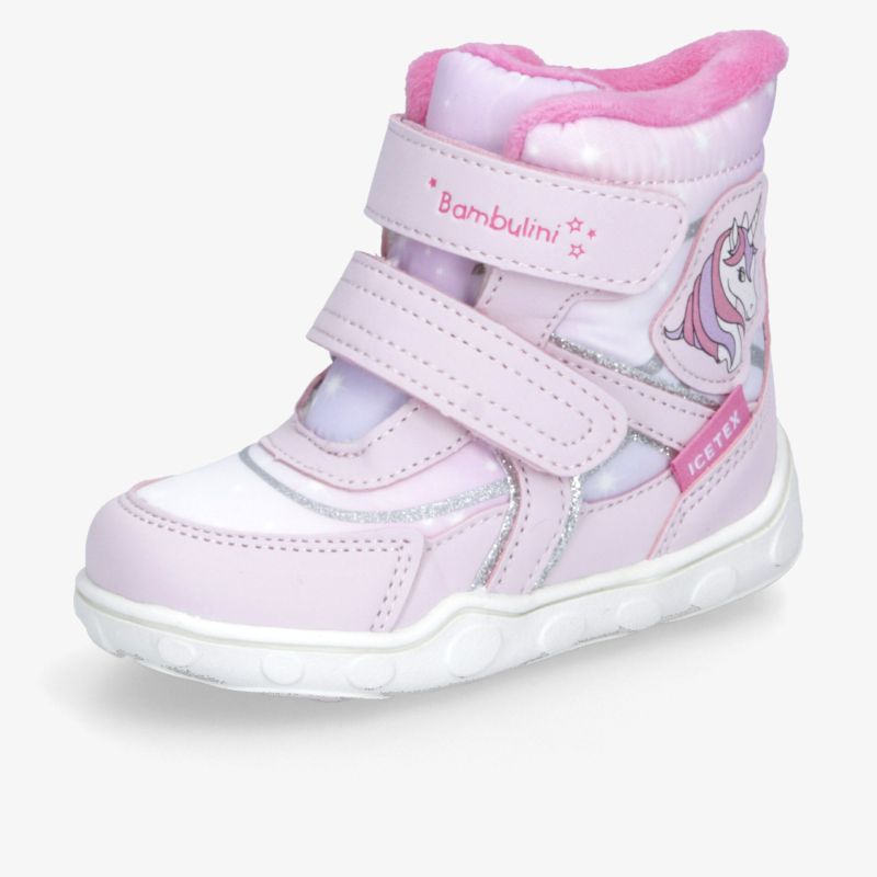 Warmer und robuster Kinder-Winterstiefel in Rosa und Weiß mit rutschfester Sohle und praktischen Klettverschlüssen