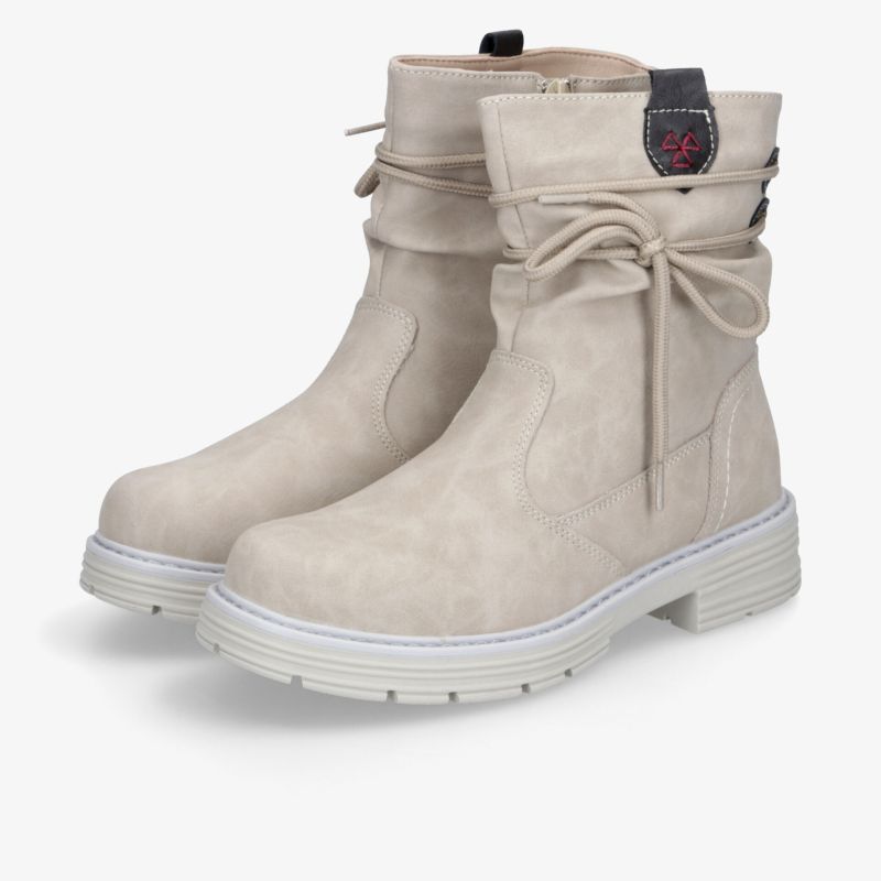 Beige Winterstiefel im Paar mit Schnürung, warm gefüttert und rutschfester Profilsohle für komfortablen Halt.