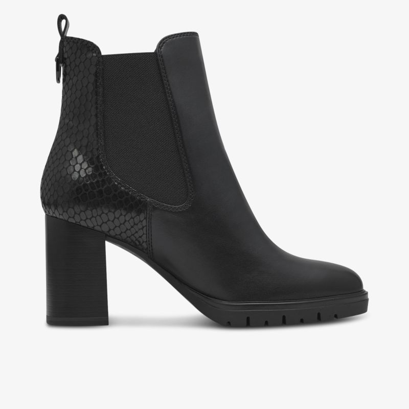 Schwarzer Chelsea-Boot mit Blockabsatz und seitlichem Reißverschluss, elegantes Design und strukturiertes Rückenteil