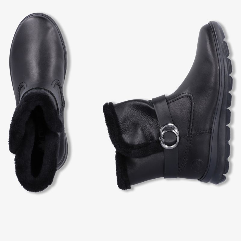 Schwarzer Winterstiefel mit warmem Innenfutter, praktischem Reißverschluss und rutschfester Sohle, seitliche Ansicht