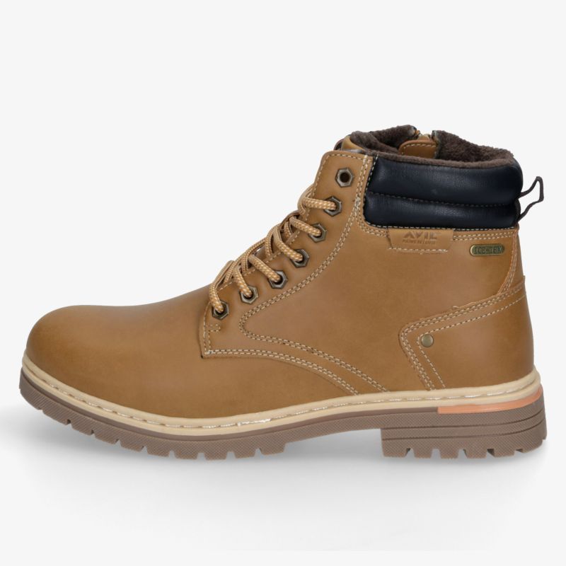 Robuster, hellbrauner Lederstiefel mit schwarzem Kragen, strapazierfähig und ideal für kalte Tage.