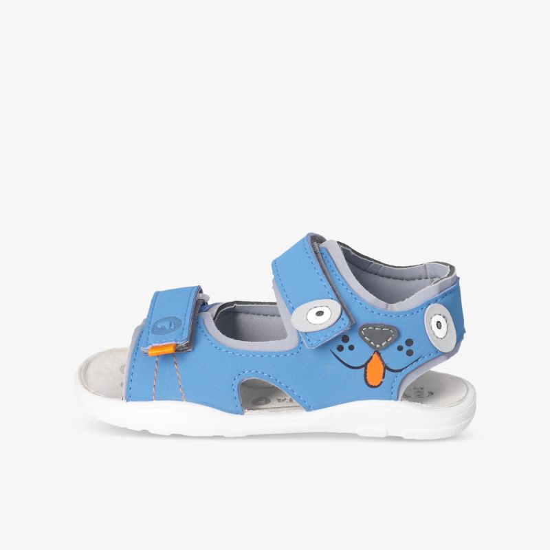 Blauer Kindersandale mit verspieltem Hundemotiv, Klettverschluss und weicher, flexibler Sohle für komfortables Tragen