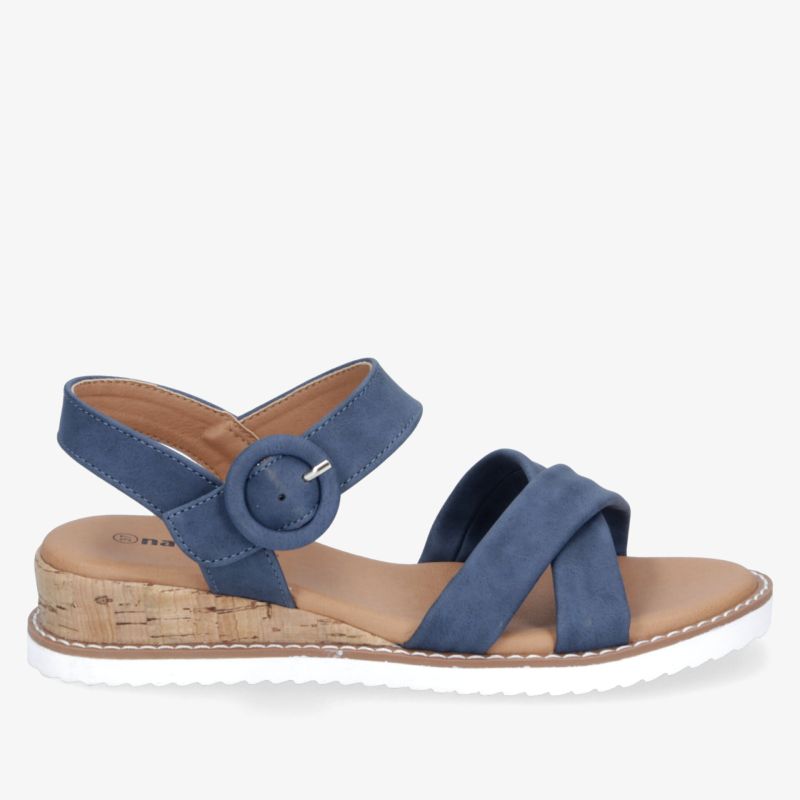 Blauer Sandalenschuh mit verstellbarem Riemen und bequemer Korksohle, ideal für warme Tage