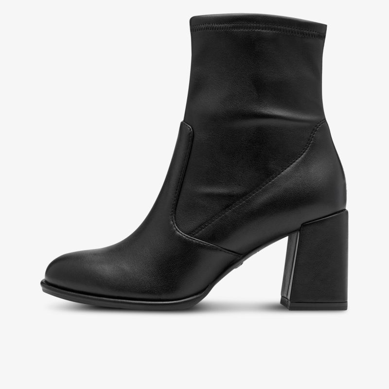 Elegante schwarze Stiefelette aus glattem Leder mit bequemem Blockabsatz in klassischer Seitenansicht