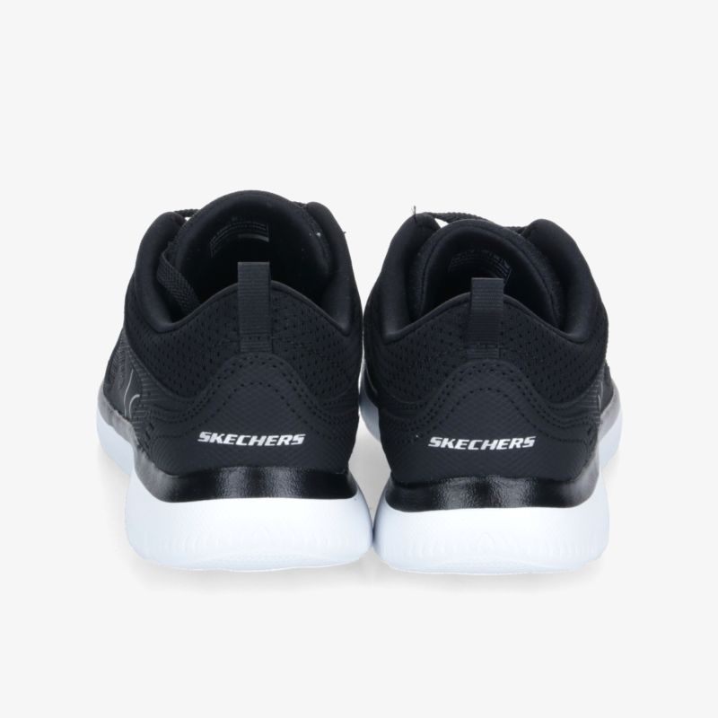 Leichter schwarzer Sneaker mit weißer Sohle und bequemer Polsterung, Rückansicht, sportlich und flexibel