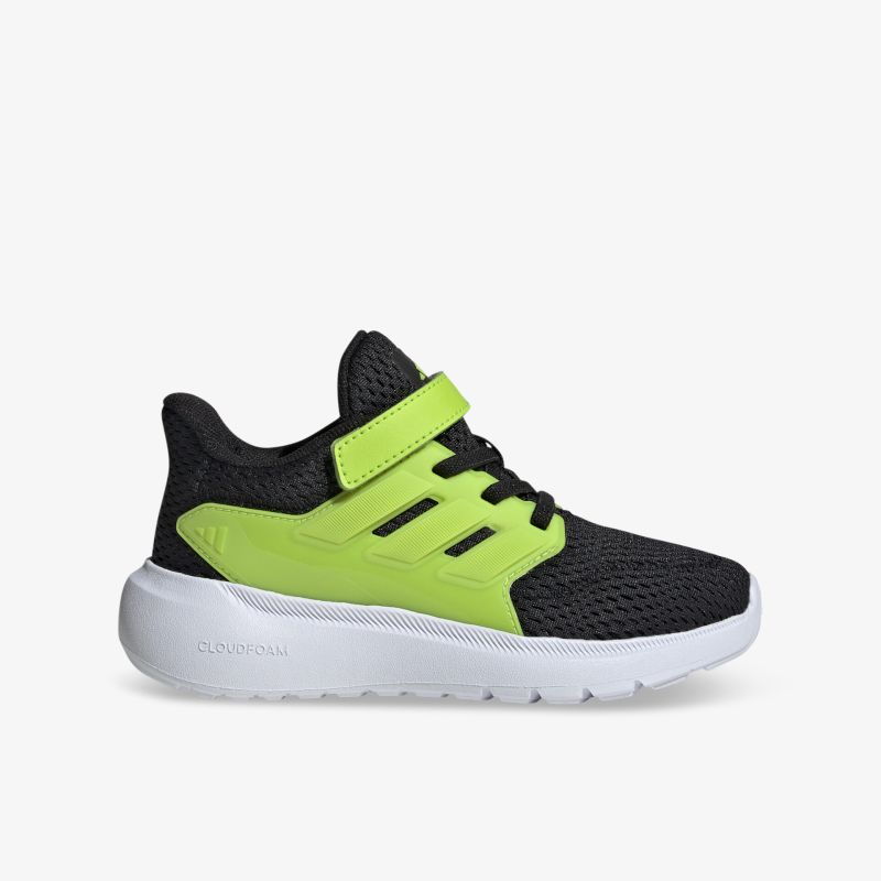 Moderner Sportschuh mit atmungsaktivem Material und rutschfester Sohle in Schwarz und Neongrün, seitliche Ansicht