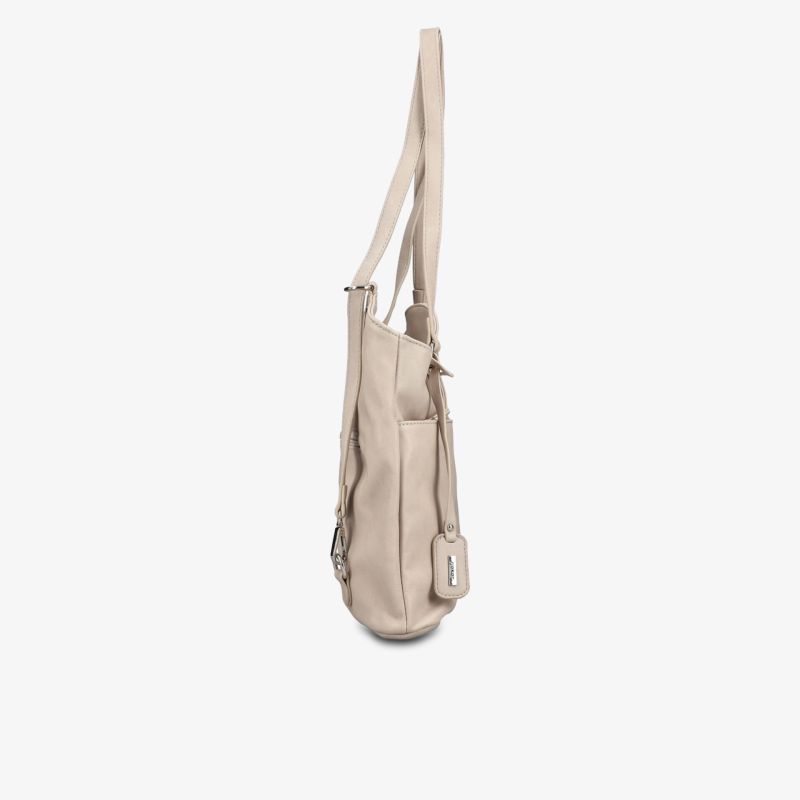Schmale beige Tasche mit weichem Material und verstellbarem Schulterriemen, seitliche Ansicht
