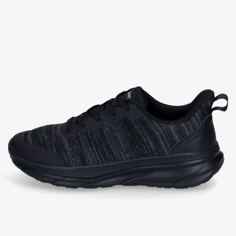 Seitliche Ansicht eines schwarzen, leichten und bequemen Sneakers mit modernem Design und robuster Sohle