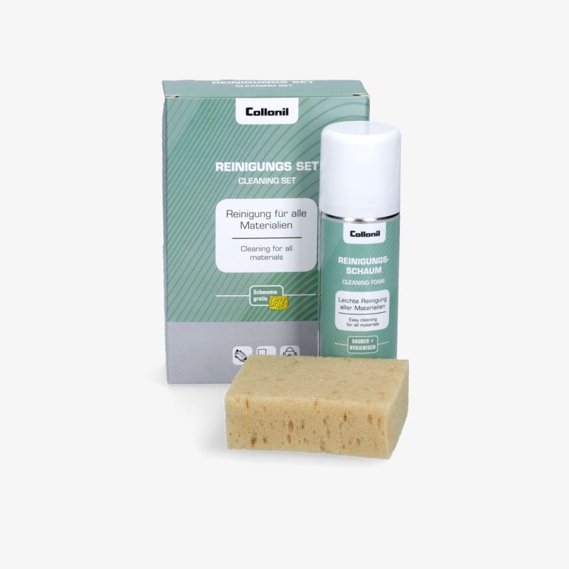 Pflegeset mit Reinigungsschaum und Schwamm für schonende und effektive Pflege von Naturmaterialien