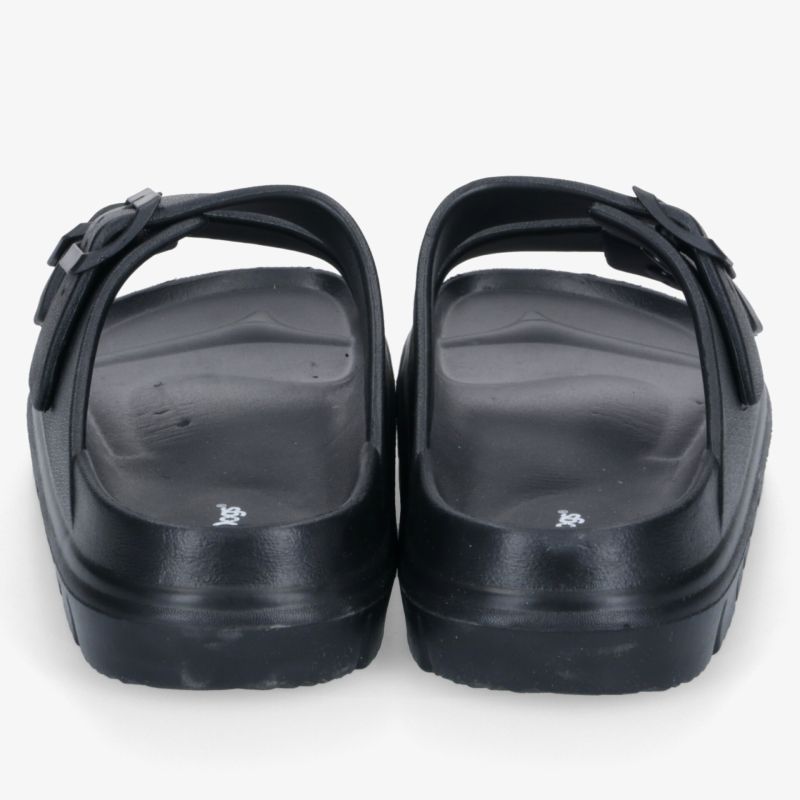 Rückansicht von schwarzen Sandalen mit verstellbaren Schnallen und komfortabler, rutschfester Sohle