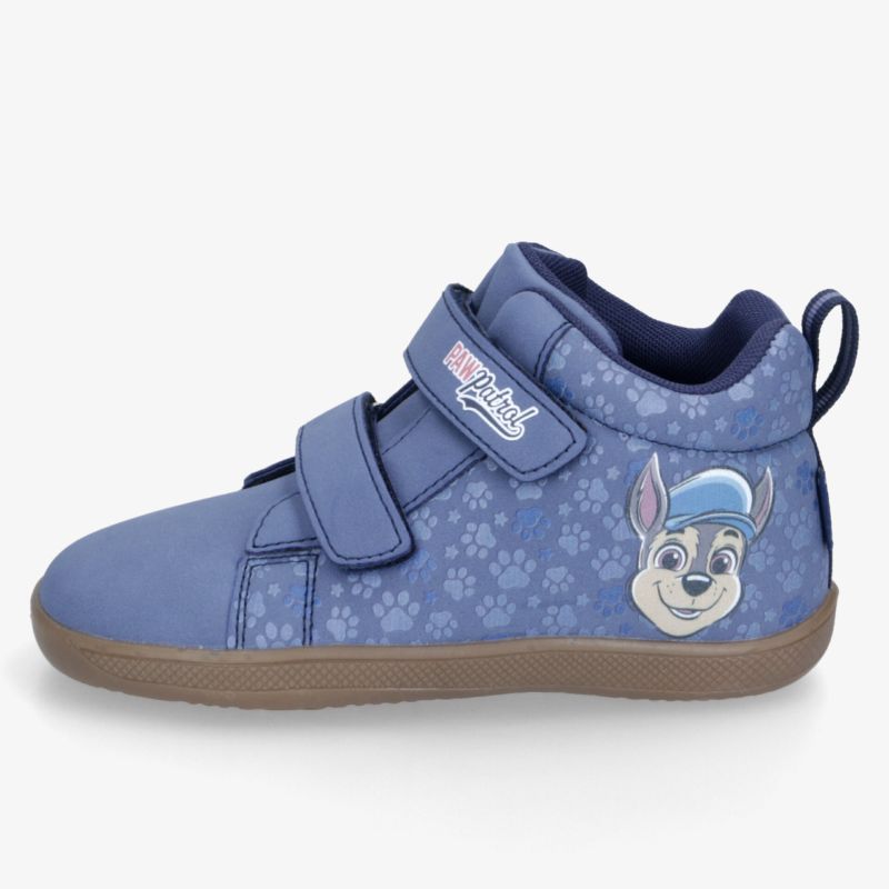 Blauer Kinderschuh mit Klettverschlüssen, gepolstertem Schaft, verspieltem Motiv und komfortabler Gummisohle
