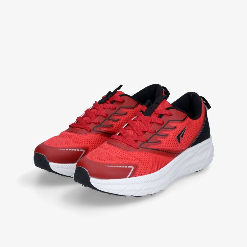 Rotes sportliches Sneaker-Paar mit gepolsterter Sohle und stabilem Schnürsystem für optimalen Laufkomfort