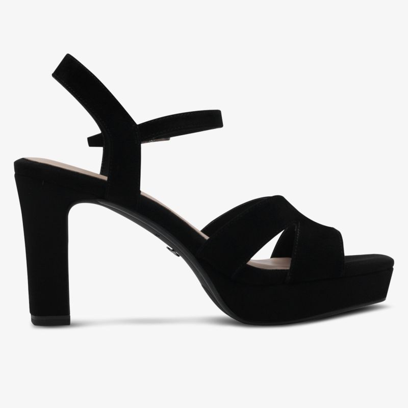 Schwarze Sandale mit hohem Blockabsatz und Plateau, eleganter Schuh mit Riemchen für stilvollen Auftritt