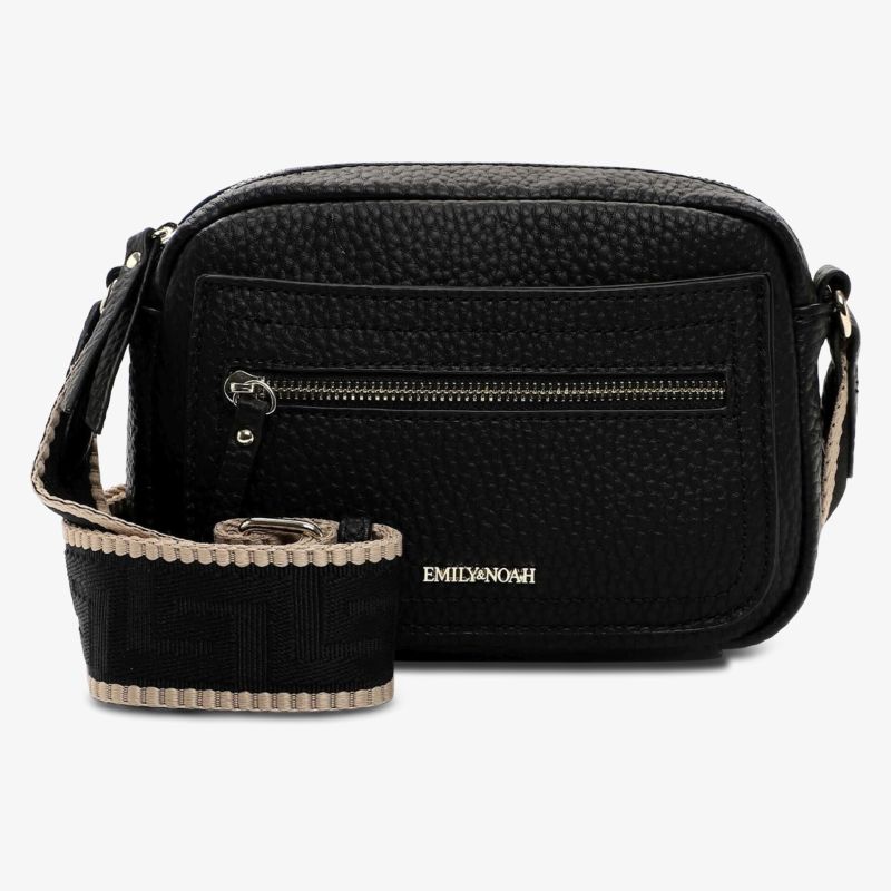 Schwarze kompakte Umhängetasche mit Reißverschlussfach und verstellbarem breitem Schulterriemen