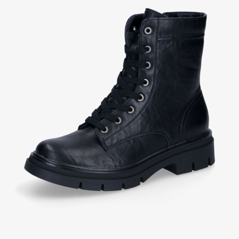 Schwarzer knöchelhoher Stiefel mit robuster Sohle und stabiler Schnürung für sicheren Halt und bequemen Sitz
