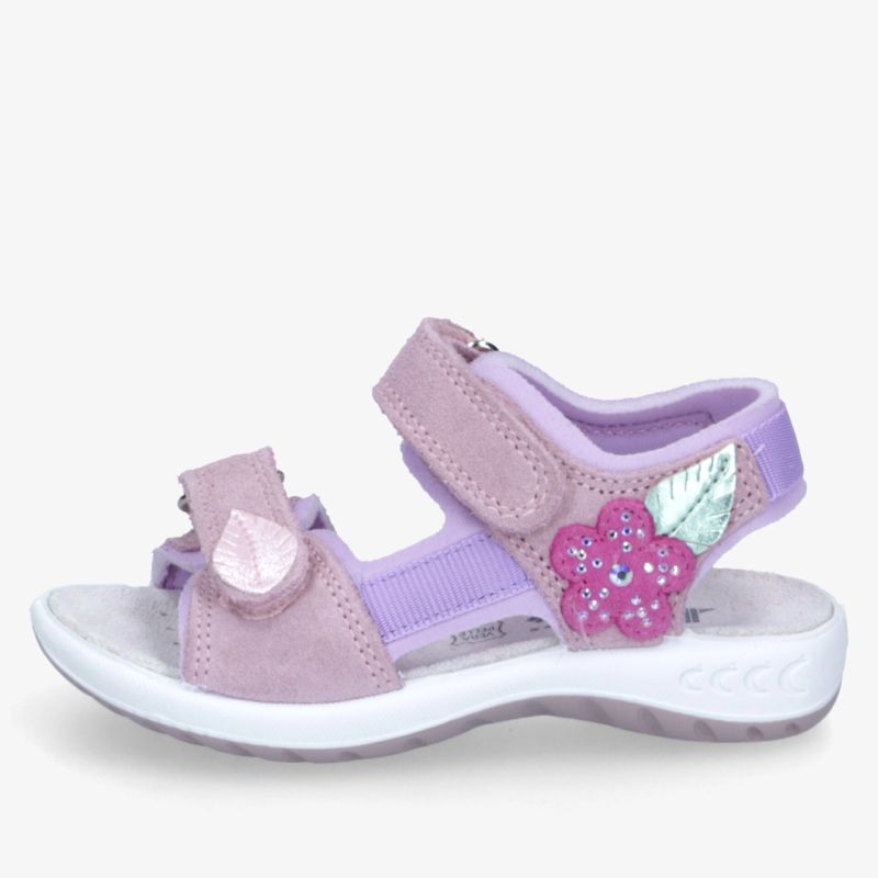 Sportliche Sandale in Rosa und Lila mit Blütenverzierung, verstellbarem Klettverschluss und weicher Sohle