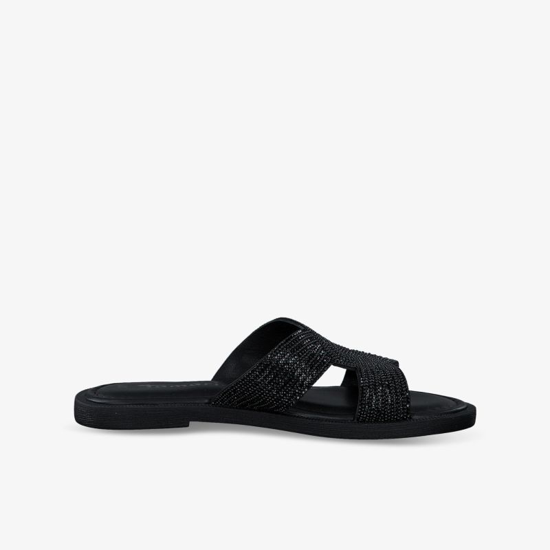 Schwarze offene Sandale mit flacher Sohle, leicht und atmungsaktiv für komfortable sommerliche Freizeitkleidung