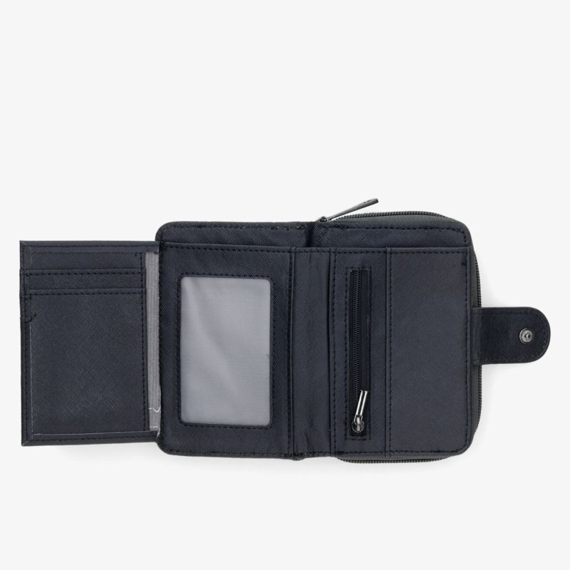 Kompakte schwarze Brieftasche mit mehreren Fächern und stilvollem Design für optimale Funktionalität und Übersicht.