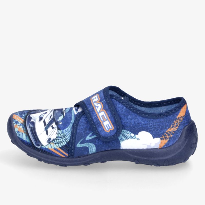 Blauer bequemer Schuh mit verspieltem Muster und praktischem Klettverschluss für sicheren Halt und Tragekomfort