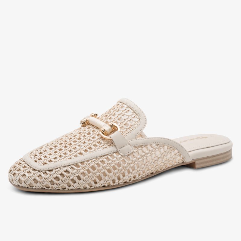 Elegante, geflochtene Slip-On-Schuhe mit stilvollem Design und goldener Schnalle.