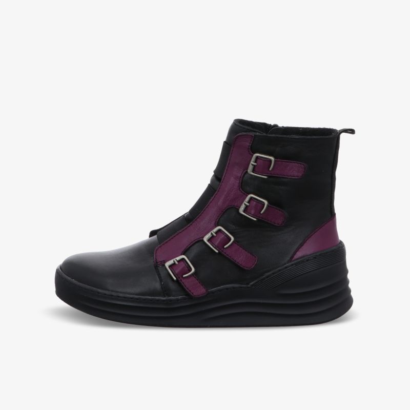 Schwarzer Schuh mit dunkellila Akzenten und drei verstellbaren Schnallen für sicheren Sitz