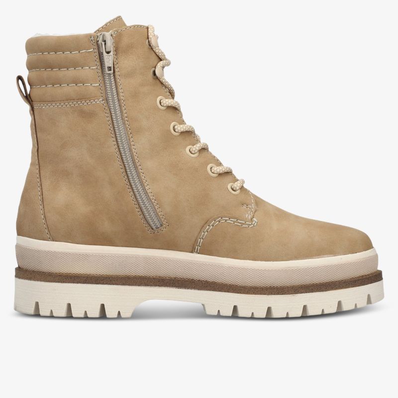 Beiger Schnürboot mit seitlichem Reißverschluss und profilierter Sohle für guten Halt und Komfort