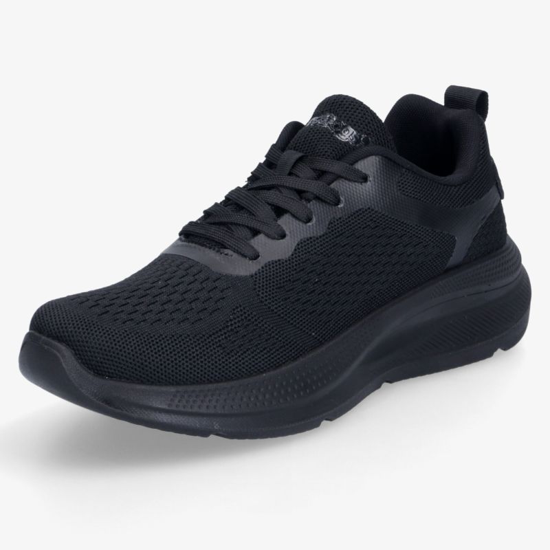 Modischer schwarzer Sneaker mit atmungsaktivem Material und bequemer, leichter Passform schräg von vorne