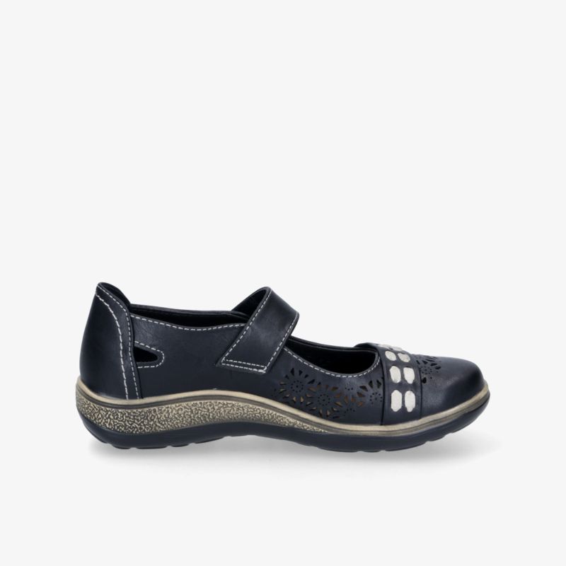 Bequemer blauer Schuh mit flexiblem Material, rutschfester Sohle und praktischem Klettverschluss in klarer Seitenansicht