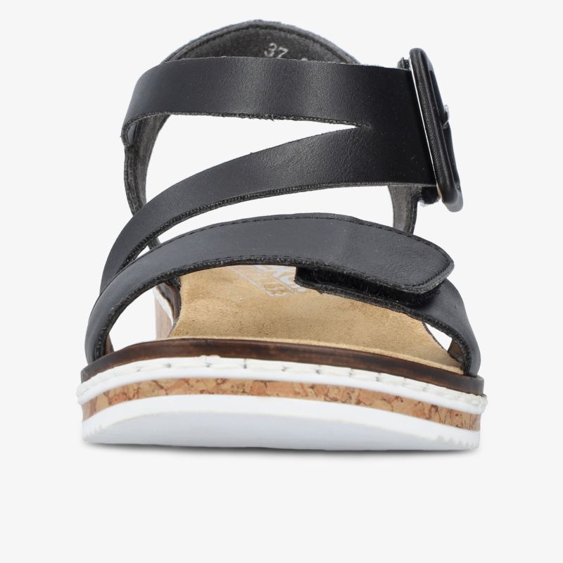 Frontansicht schwarze Sandalen mit gepolstertem Fußbett und verstellbaren Klettverschlüssen