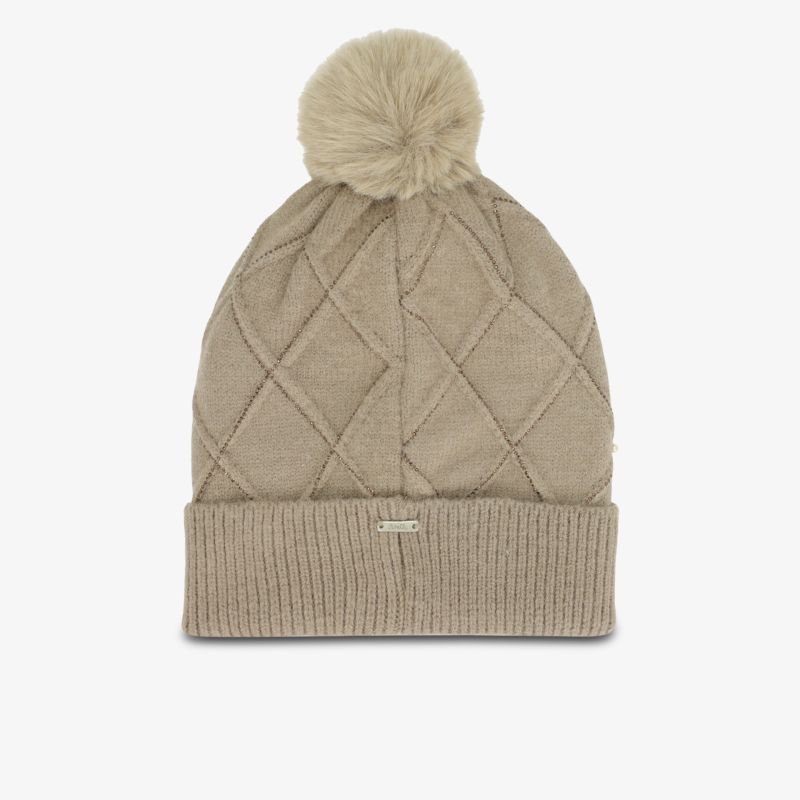 Beige Strickmütze mit Rippbund und großem Bommel, warm und komfortabel für kalte Tage