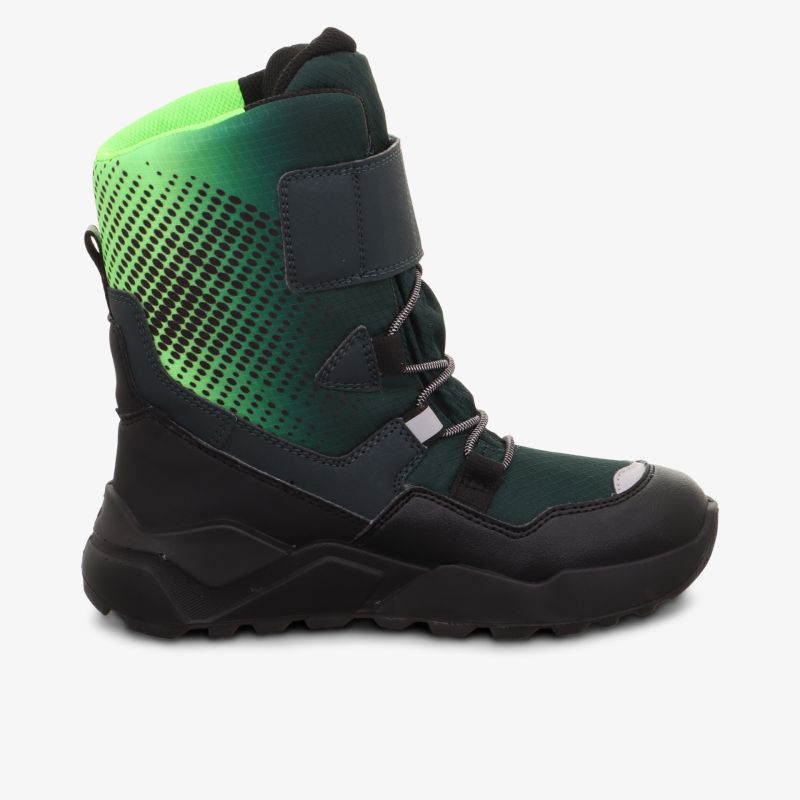 Seitliche Ansicht eines knöchelhohen Outdoor-Stiefels mit wasserfestem Material und robuster Sohle