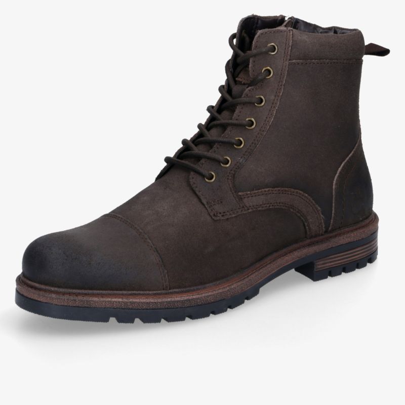 Robuster brauner Lederstiefel mit stabiler Schnürung und profilierter Sohle, ideal für Komfort und Haltbarkeit