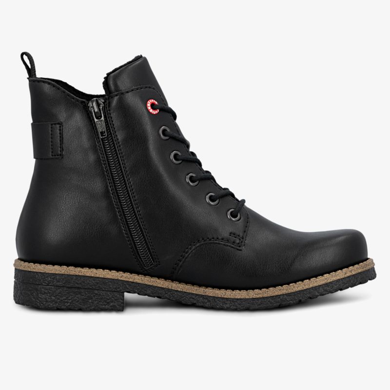 Schwarzer Schnürstiefel mit seitlichem Reißverschluss und robustem Absatz für bequemen Halt