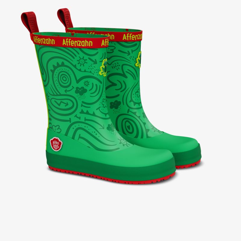 grüne Kinderregenstiefel mit fröhlichem Froschmotiv und rotem Rand robust und bequem