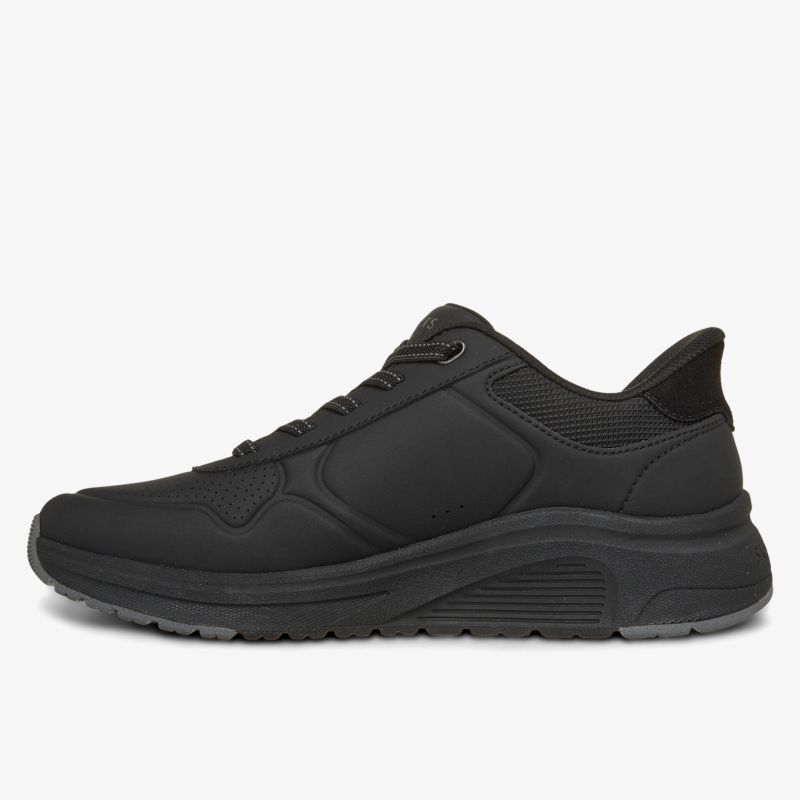 Schwarzer sportlicher Sneaker mit seitlicher Ansicht, atmungsaktiv und leicht, rutschfeste Sohle