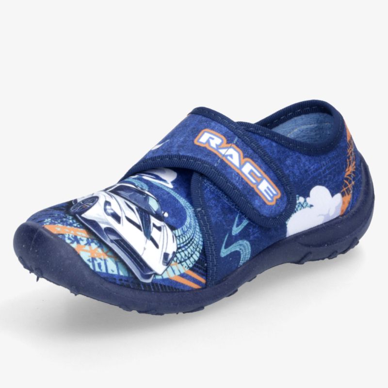 Blauer Sportschuh mit Klettverschluss, atmungsaktivem Material und rutschfester Sohle, ideal für aktiven Einsatz