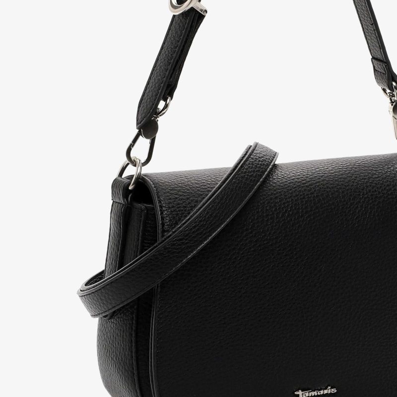 Schwarze Schultertasche aus feinem Leder mit verstellbarem Riemen, elegant und hochwertig verarbeitet