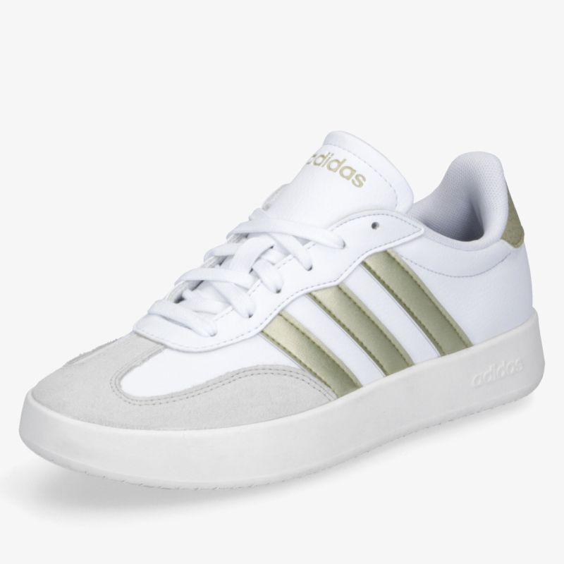 Weißer Sneaker mit goldenen Streifen, bequemer und sportlicher Schuh, robuste Sohle und atmungsaktives Material