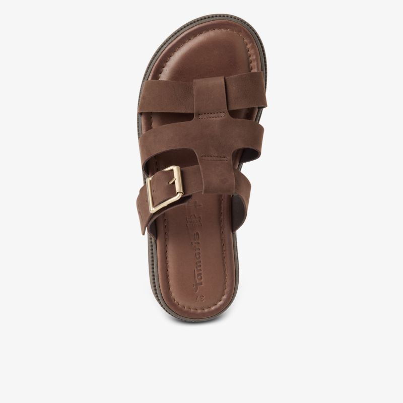 Braune Ledersandalette mit verstellbarem Riemen und Schnalle, bequemes Fußbett, modischer Offener Schuh für warme Tage