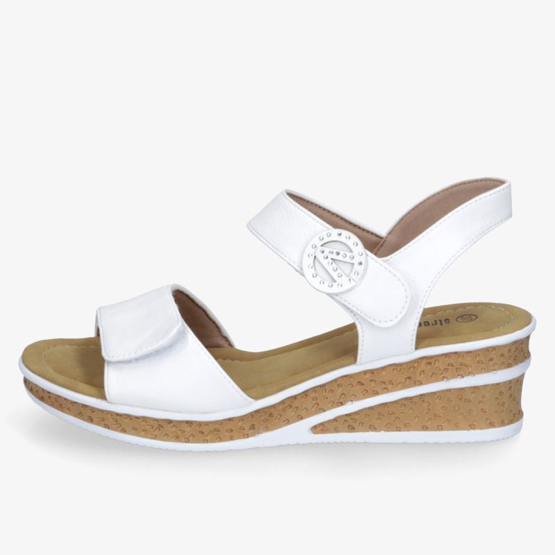 Weiße Keilsandalette mit Klettverschluss, komfortables Fußbett und sommerlichem, leichtem Design