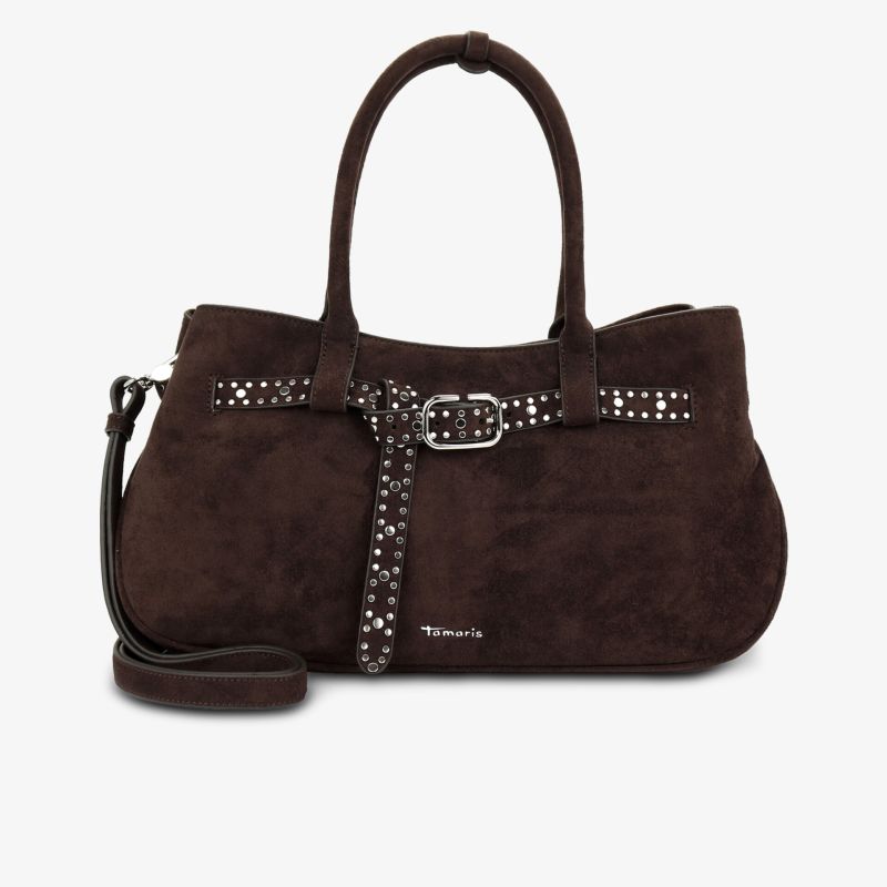 Braune Wildleder Schultertasche mit dekorativem Gürtel und eleganter Schnalle, weich und geräumig
