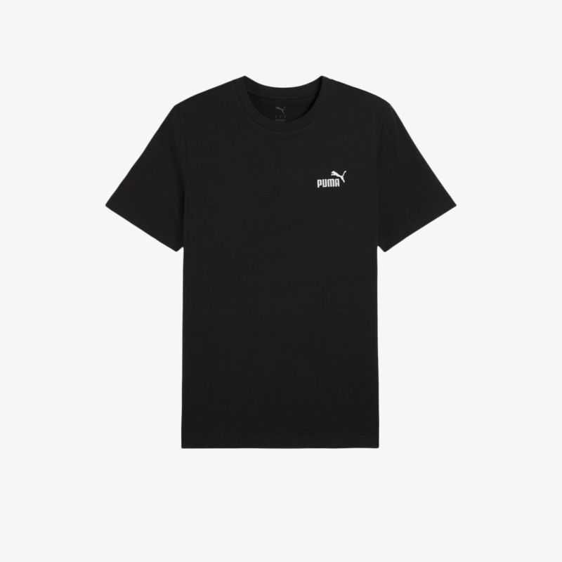 Schwarzes sportliches T-Shirt mit kurzem Ärmel und rundem Ausschnitt, sichtbares Puma Logo vorne