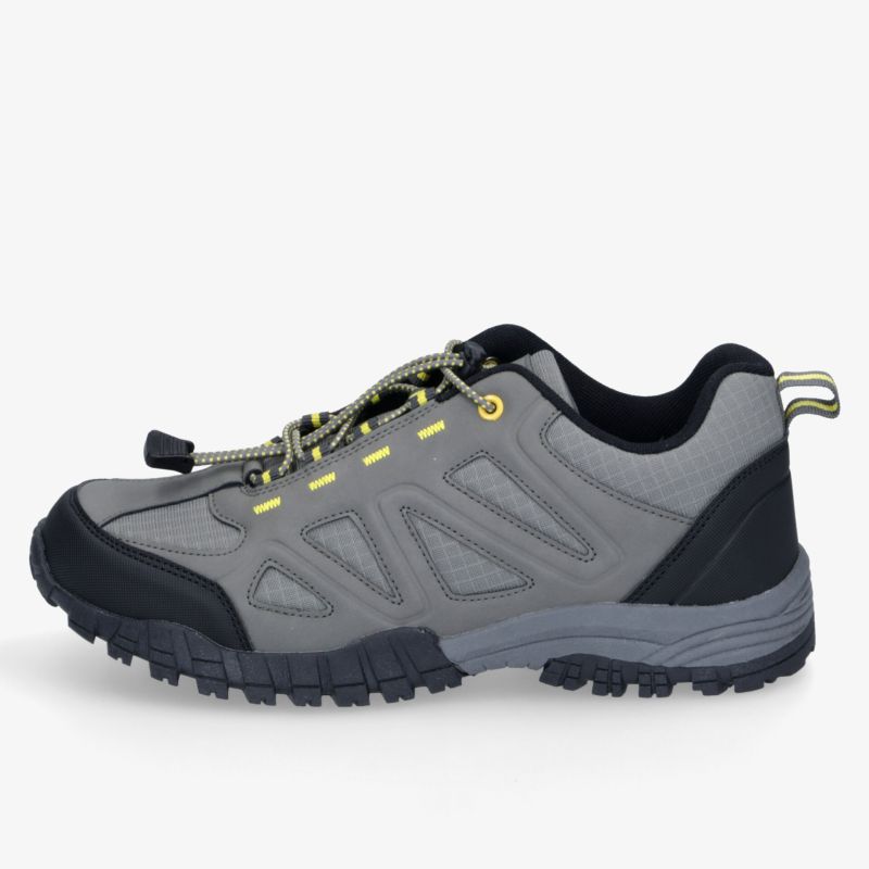 Grauer Outdoorschuh mit rutschfester Sohle und bequemer Passform, ideal für anspruchsvolle Wanderungen.
