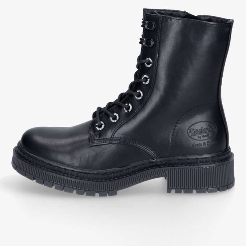 Schwarzer robuster Stiefel aus Kunstleder mit dick profilierter Sohle und schnürbarer Front