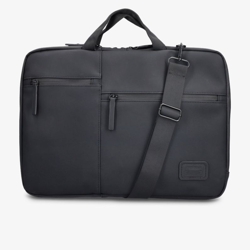 Robuste schwarze Laptoptasche mit gepolstertem Griff und verstellbarem Schultergurt, mehrere Fronttaschen mit Reißverschluss