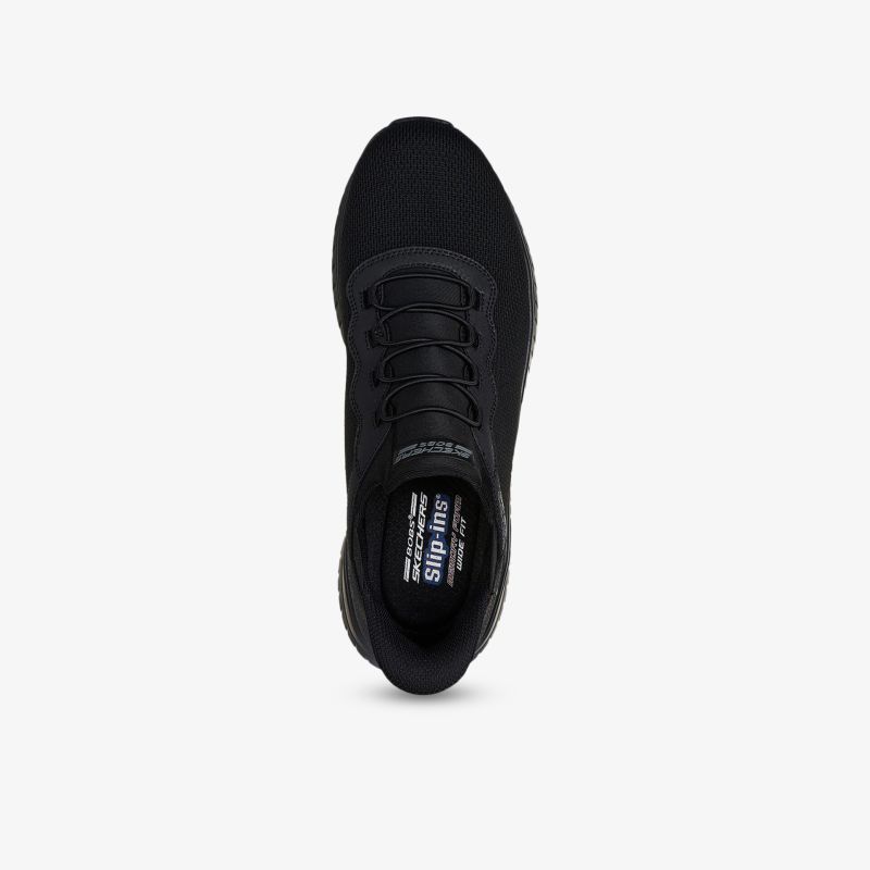 Schwarzer sportlicher Laufschuh mit atmungsaktivem Material und schnellem Schnürsystem, Draufsicht von oben
